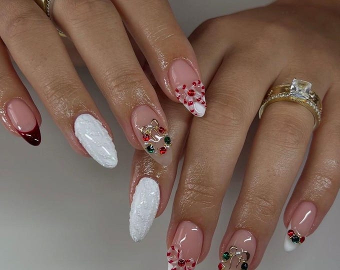 Candy Cane Press On Nails | Handmade Holiday Almond Nail Set