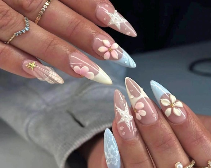 Pastel Starfish Floral Press On Nails Long Almond | Handmade 3D Beach Flower Fake Nails | Coastal Fairy Bridal Nails | Gift for Her