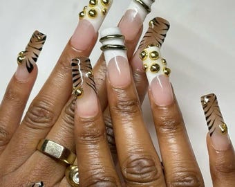 Luxury Zebra Print Press On Nails | Gold Chrome Accent & White French Tips | Long Square Glam Nail Set | Elegant Handmade Nails