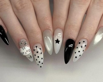 Black White Cat Star Press On Nails Medium Almond, Handmade 3D Kawaii Polka Dot Fake Nails, Cute Coquette Y2K Nails for Birthday Party