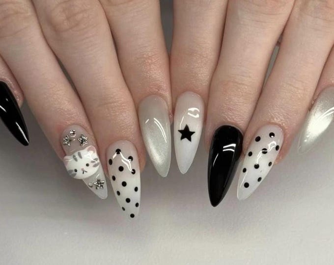 Black White Cat Star Press On Nails Medium Almond, Handmade 3D Kawaii Polka Dot Fake Nails, Cute Coquette Y2K Nails for Birthday Party