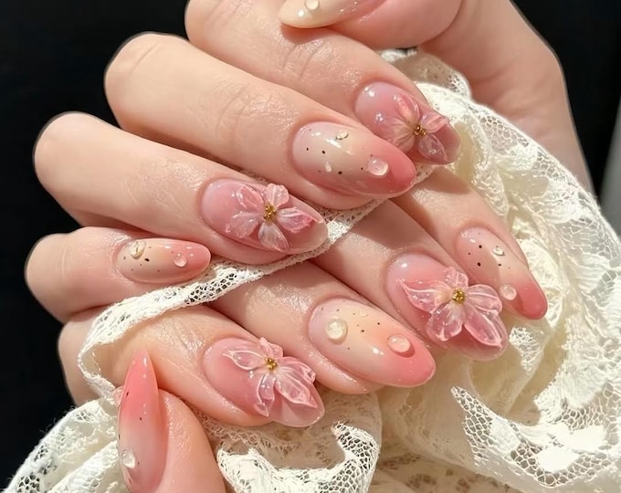 3D Water Drop Pink Ombre Press On Nails, Blush Jelly Floral Handmade Nails, Fairycore Wedding Acrylic Nails, Clear Flower Fake Nails