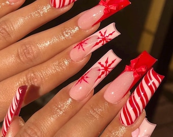 Candy Cane Red & Pink Christmas Nails • 3D Bow Gift Design Nails • Holiday Press On Nails • Winter Cute Long Square Nails, Holiday Gift Nail