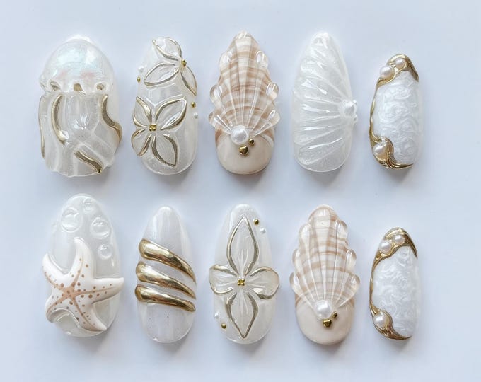 3D Starfish Press On Nails: Summer Shell Nail Art, Custom Design