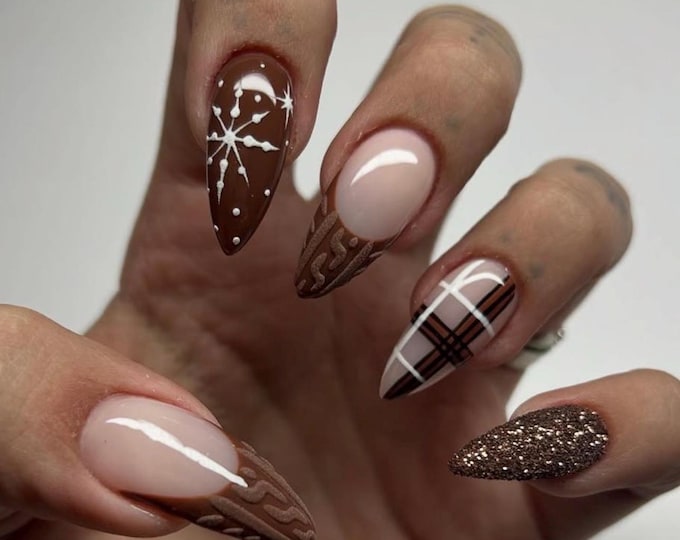 Chocolate Snowflake Press On Nails – 3D Sweater Texture, Handmade Holiday Nail Set