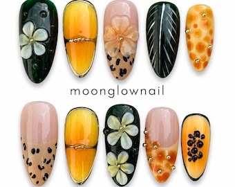 3D Floral Press On Nails/ Summer Papaya Nails, Press on nails Medium Almond Nails, Gel Tips/ Gold Accent Nails/ Vacation Nails, for Woman