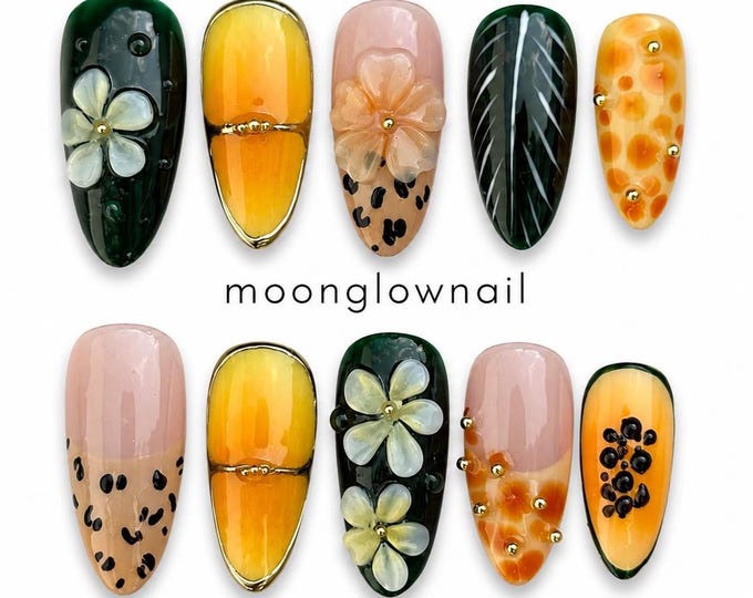 Featured listing image: 3D Floral Press On Nails/ Summer Papaya Nails, Press on nails Medium Almond Nails, Gel Tips/ Gold Accent Nails/ Vacation Nails, for Woman