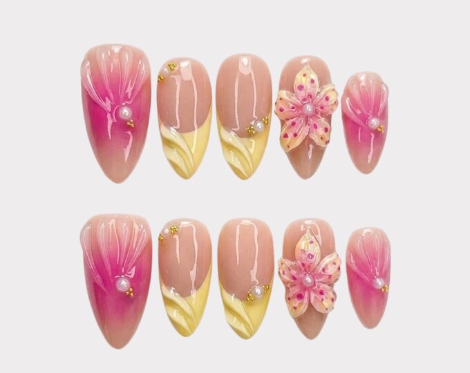 3D Blooming Flower Press On Nails: Pink Ombre Almond, Handmade Botanical Vacation Mani