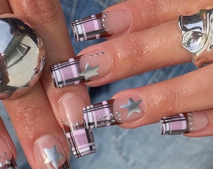 Plaid Chrome Press On Nails | Silver Star & Lilac Checkered Y2K Nail Set