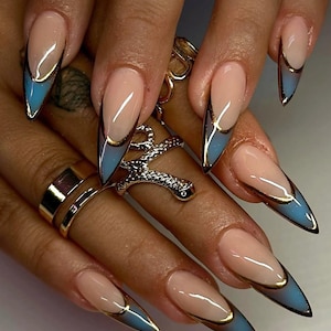 Handmade Pastel Blue Stiletto Press On Nails: Gold Chrome Edges