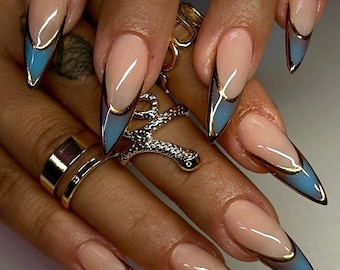 Pastel French Stiletto Press On Nails with Blue Center & Gold Chrome Edges, Handmade Elegant Fake Nails, Trendy Summer Nail Art, Luxury Nail