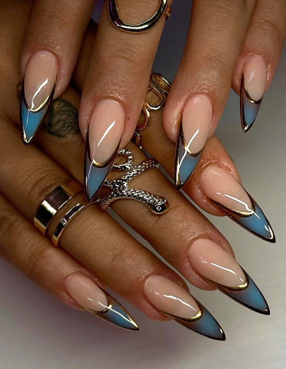 Handmade Pastel Blue Stiletto Press On Nails: Gold Chrome Edges, Long Stiletto Nail Set