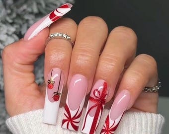 Candy Cane Christmas Nails | Red White Gift Bow Press On Nails | Holiday Fake Nails | Winter Sticker Nails | Long Coffin Christmas Nail Set