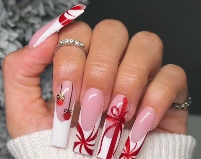 Candy Cane Christmas Press On Nails | Red Bow, Holiday Coffin Nail Set