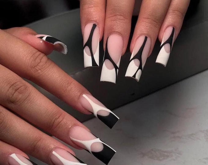 Matte Black White Abstract Long Square Press On Nails, Modern Statement Reusable Fake Nails