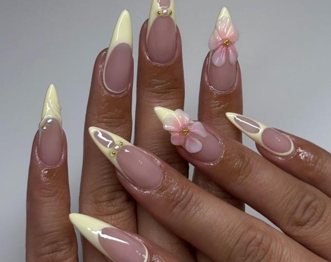 3D Floral Press On Nails: Long Almond, Butter Yellow French Tip