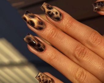 Leopard Design Press On Nails – Brown Glitter Animal Print Nails – Fall Winter Glam Fake Nails – Square Shape Reusable Set, Handmade Nails