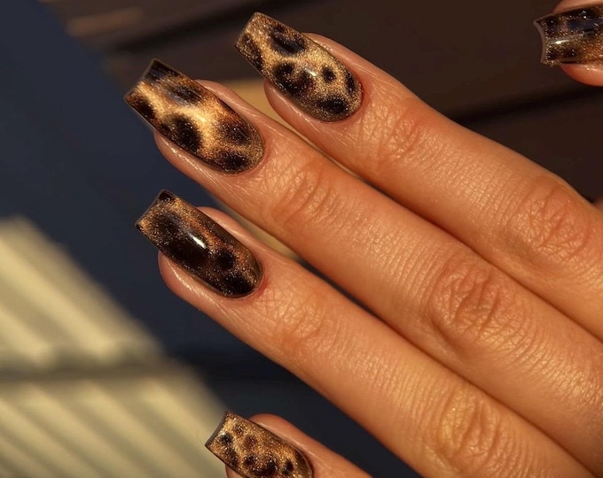 Leopard Print Glitter Press On Nails – Brown Animal Glam Square Set Reusable