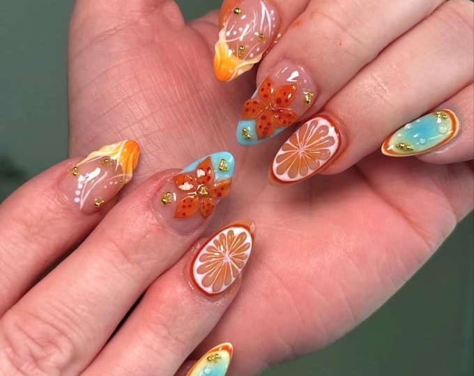3D Citrus Tropical Press On Nails, Short Almond Summer Handmade Nails, Orange Beach Vacation Acrylic Nails, Hand Painted Fruit Fake Nails