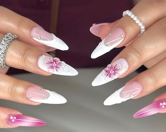 3D Floral Press On Nails: White French Almond, Handmade Nail Art