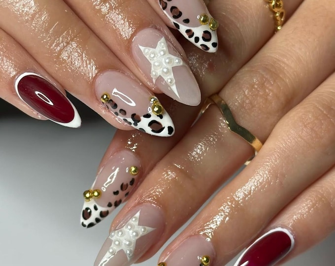 Handmade Stiletto Press On Nails: Leopard Star Y2k Flower Design Nails