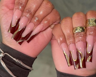 Burgundy Gold Swirl Press On Nails | Luxury Holiday Nails | New Year Long Square Nails | Elegant Red Chrome Nail Set | Handmade Xmas Nails