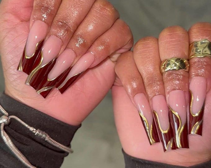Burgundy Gold Swirl Press On Nails | Long Square, Handmade