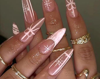 Pink Christmas Gift Bow Nails – Winter Snowflake Press On Nails, Long Stiletto Holiday Nails, Cute Pink Xmas Nail Set, Handmade Gel Tips