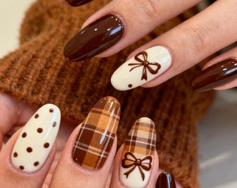 Chocolate Brown Fall Plaid Almond Press On Nails, Coquette Bow and Polka Dot Cream Accents, Christmas Nails