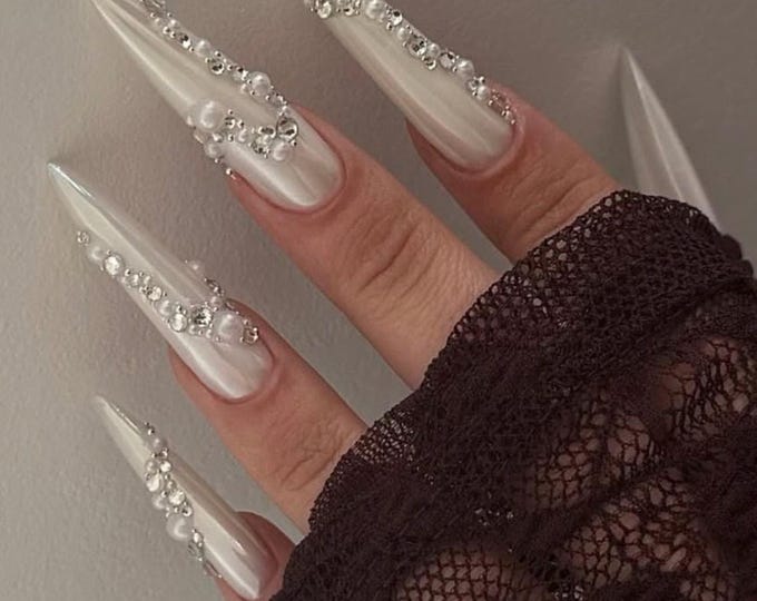 Pearl Bridal Press On Nails | White Chrome Stiletto, Rhinestone Wedding Set