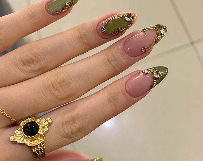 3D Gold Chrome Press On Nails, Vintage Jewelry Almond Handmade Nails, Olive Green Birthday Acrylic Nails, Gemstone Frame Fake Nails