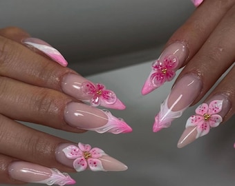 3D Flower Press On Nails: Pink Gel, White Almond Tips, Handmade