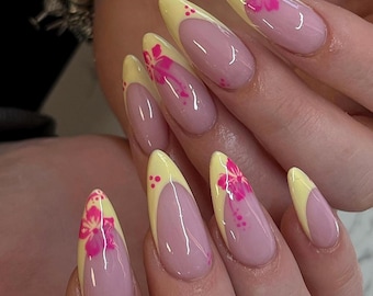 Butter Yellow French Press On Nails: Pink Flowers, Elegant Almond Tips
