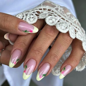 Yellow French Tip Press On Nails: Pink Floral Almond Nail Set