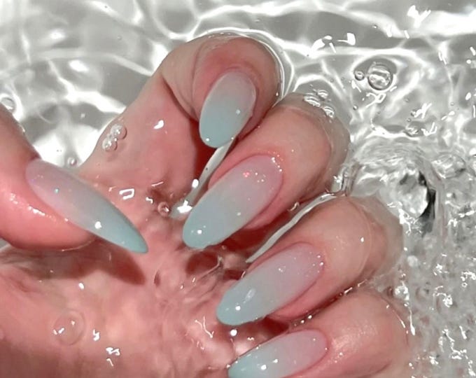 Baby Blue Ombre Press On Nails Medium Almond/Jelly Mermaid/Cloud Nails/Pastel Dreamy/Summer Coastal/Handmade Fake Set