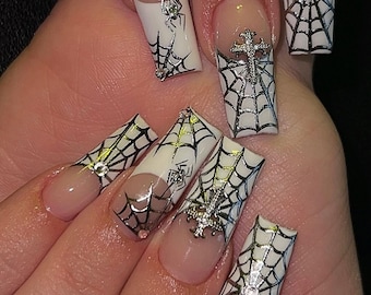 Long Square Gothic Press On Nails | Silver Chrome Spider Web & Cross Charm | White French Tips | Spooky Luxury Halloween Nail Art Set