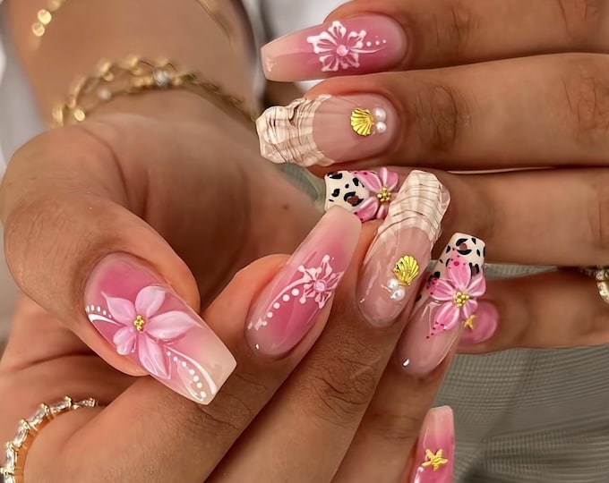 Handmade Pink Tropical Flower Press On Nails: Leopard, Gold Shell