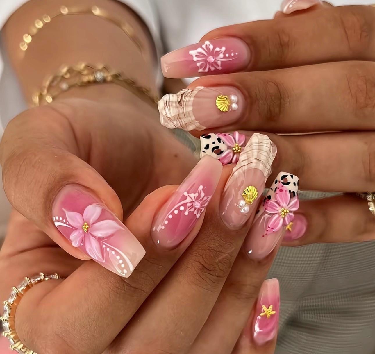 Pink Tropical 3D Flower Press On Nails: Leopard & Gold Shell, Long Coffin