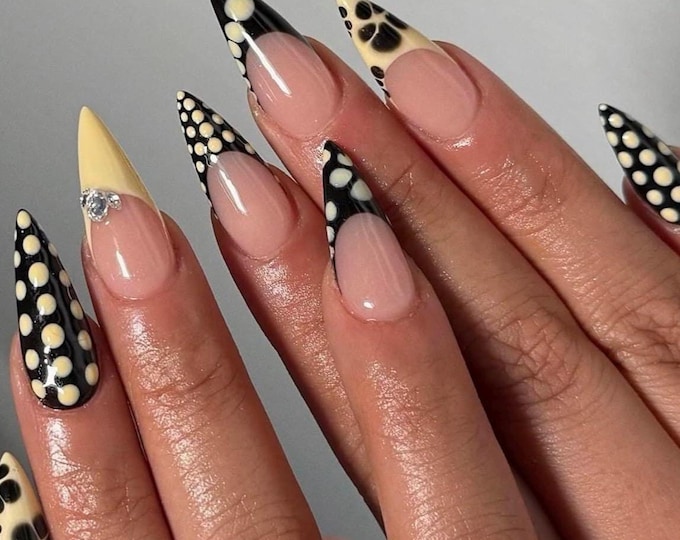Handmade Stiletto Press On Nails: Polka Dot French Tips