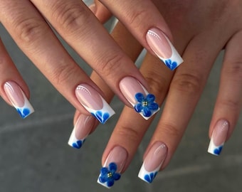 White French Square Press On Nails with Blue 3D Flower Design, Elegant Handmade Chic Nail Set, Classy Floral Nails for Everyday Style, Gift