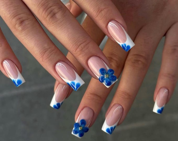 White French Square Press On Nails, Blue 3D Flower Nail Set