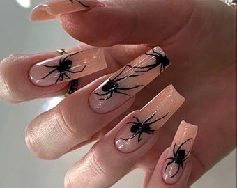 Nude Nails with Black Spider Design | Long Square Halloween Press On Nails | Spooky Gothic Spider Nail Art, Gift for Her, Handmade Nail Art