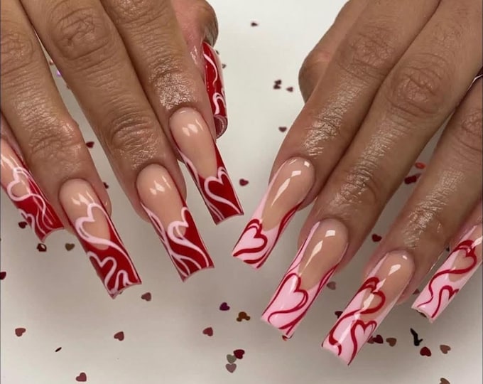 Heart French Tip Press On Nails | Handmade Valentine's Day Gel Nails