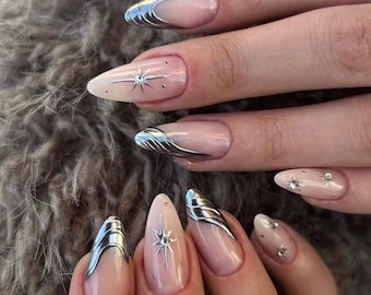 Y2K Silver Chrome Press On Nails: Almond French Tips