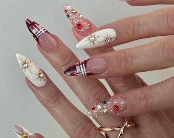 Christmas Press On Nails | Long Almond Red Plaid & White Star Design with Gold Rhinestones | Festive Holiday Nail Set | Elegant Winter Nails