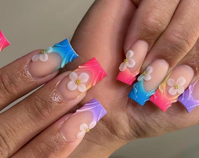 Pastel Jelly Flower Press On Nails, 3D Daisy Ombre Square Set
