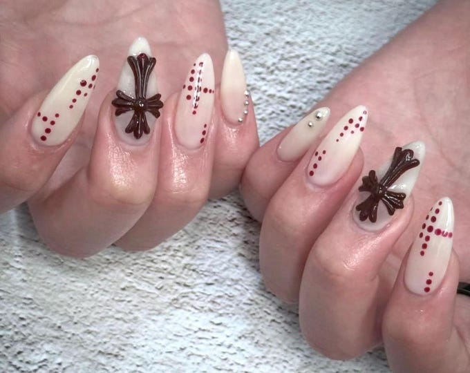 3D Cross Press On Nails, Polka Dot Y2K Press On Nails, Long Almond Nails, Cross Charm Nails, Reusable Fake Nails