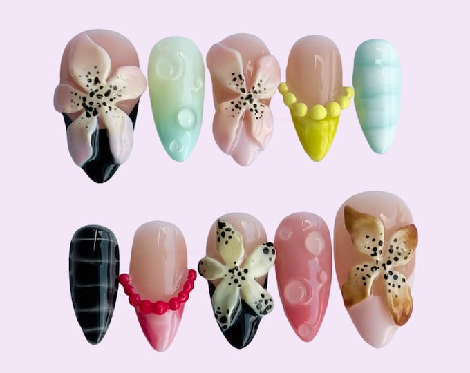 Pastel 3D Floral Press On Nails Medium Almond Nails, Handmade Sculpted Lily Fake Nails, Coquette Fairycore Nails for Spring Birthday
