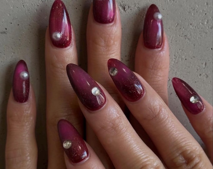 Burgundy Cat Eye Pearl Press On Nails | Wine Red Almond Nails, Handmade Gel Fake Nails