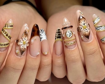 Luxury Animal Print Press On Nails | Brown 3D Floral Design | Zebra & Leopard Pattern Nail Art | Elegant Handmade Nail, Long Almond Nails